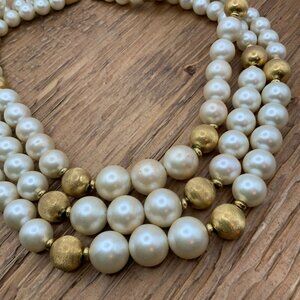 Napier Vintage Triple Strand Faux Pearl Textured Gold Tone Beads Necklace